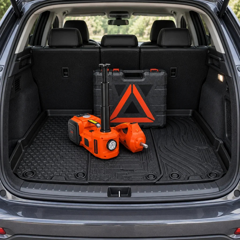 Tapete de porta-malas 3D e kit macaco elétrico no carro