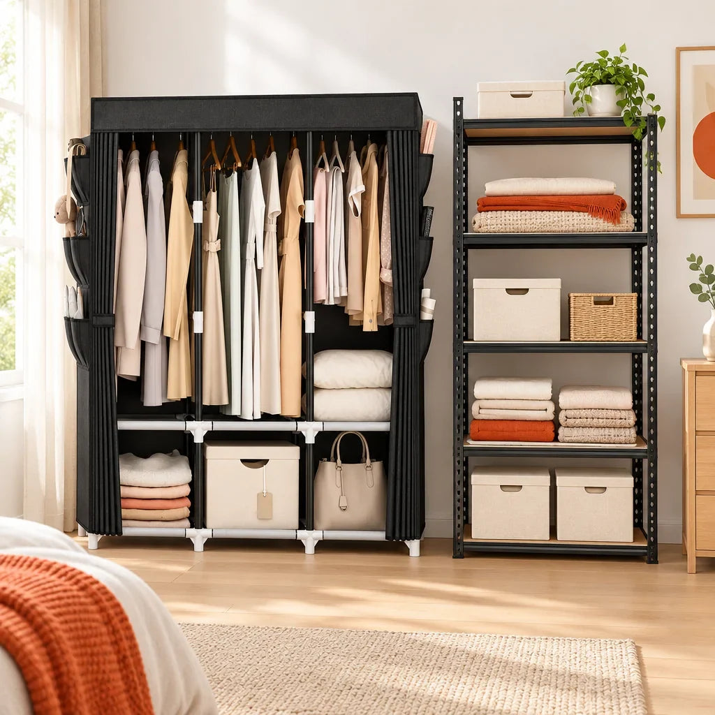 Guarda-roupa portátil e estante metálica organizando o quarto