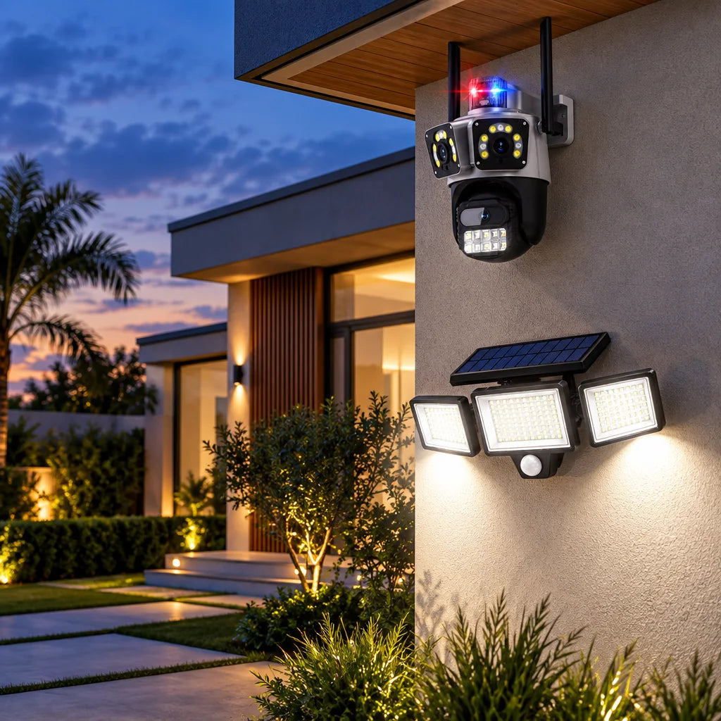 Câmera de segurança Wi-Fi e refletor solar na fachada